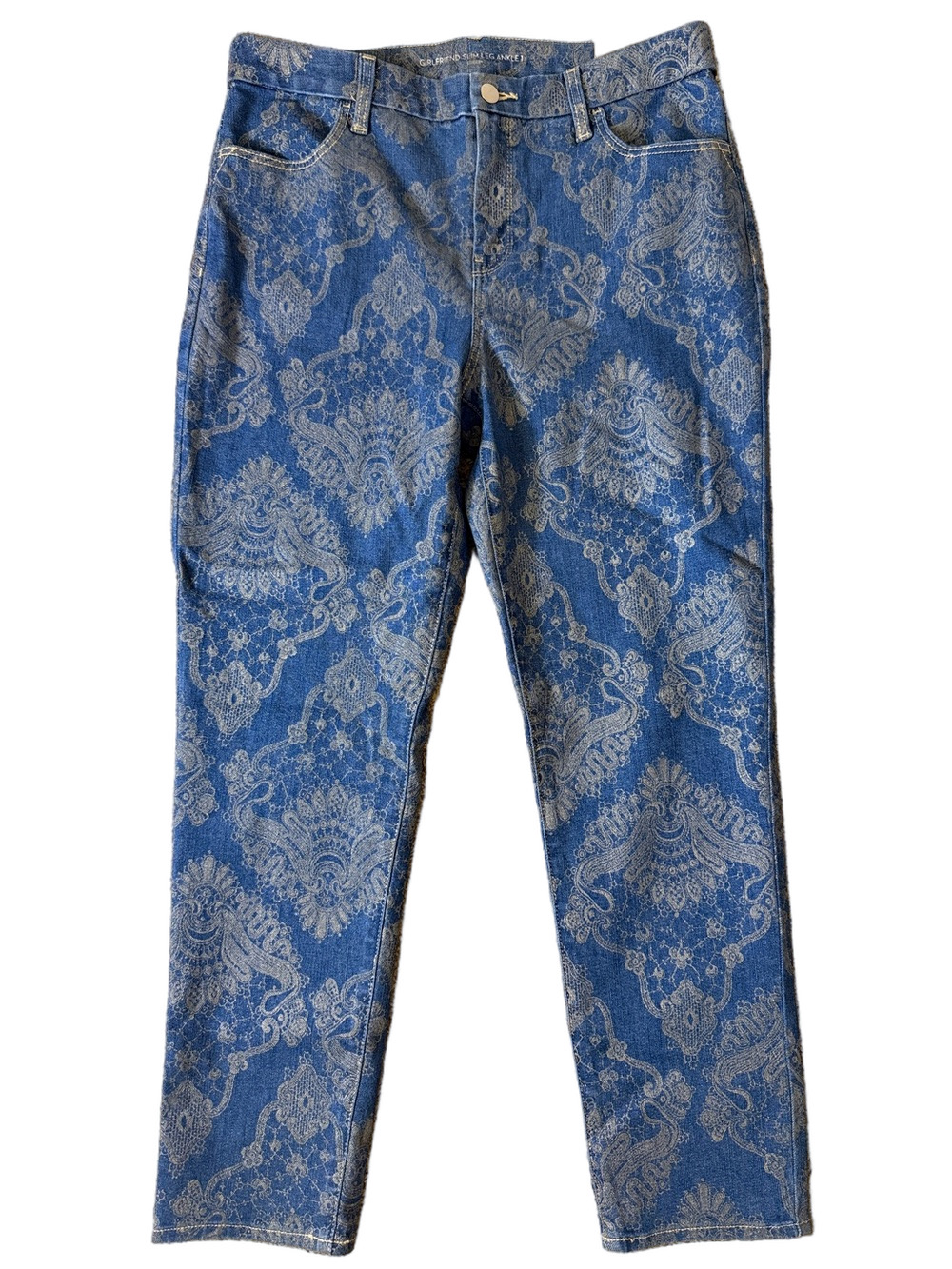 Chico's Blue Denim Girlfriend Slim Ankle Jeans with Gray Lace Print SKU1581